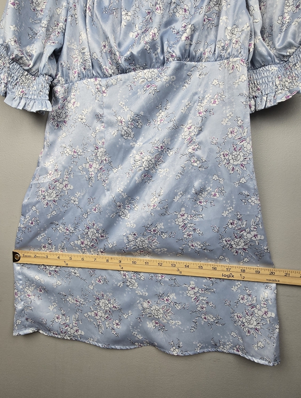 What a Sweetheart Blue Floral Print Satin Puff Sleeve Mini Dress Womens Size S - Picture 10 of 11